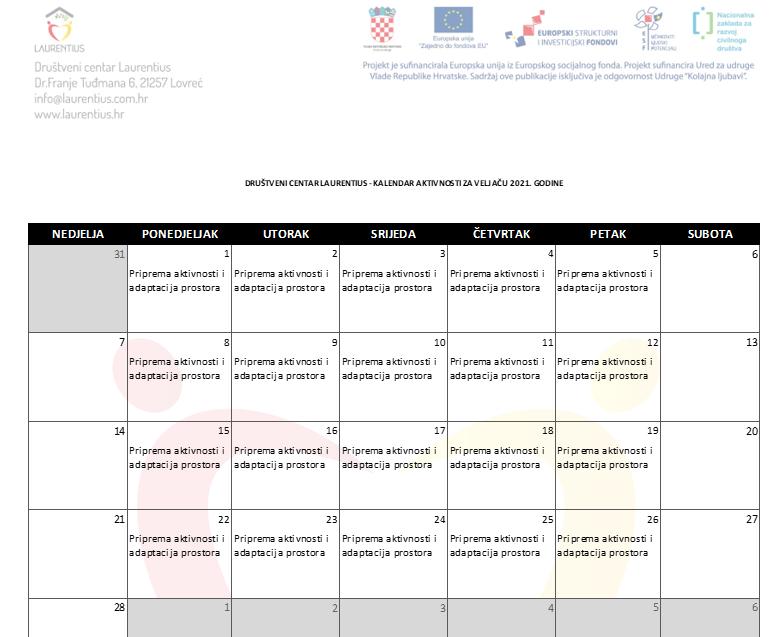 CALENDAR OF ACTIVITIES FOR FEBRUARY 2021